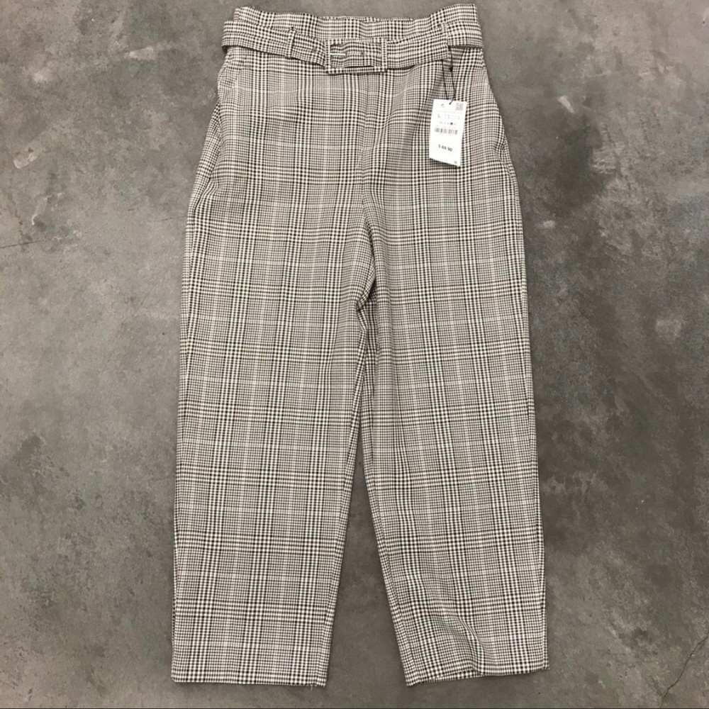 NWT Zara Plaid High-Waist Trousers with Belt